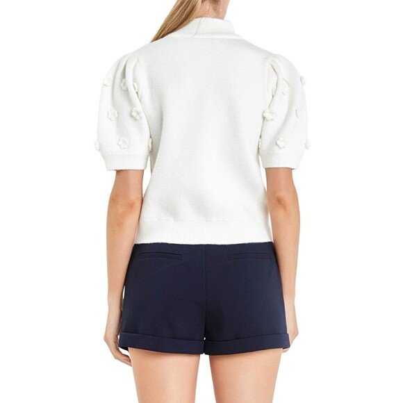 NWT English Factory Ivory White Floral Pompom Short Sleeve Knit Sweater Top Sz L - Picture 2 of 13